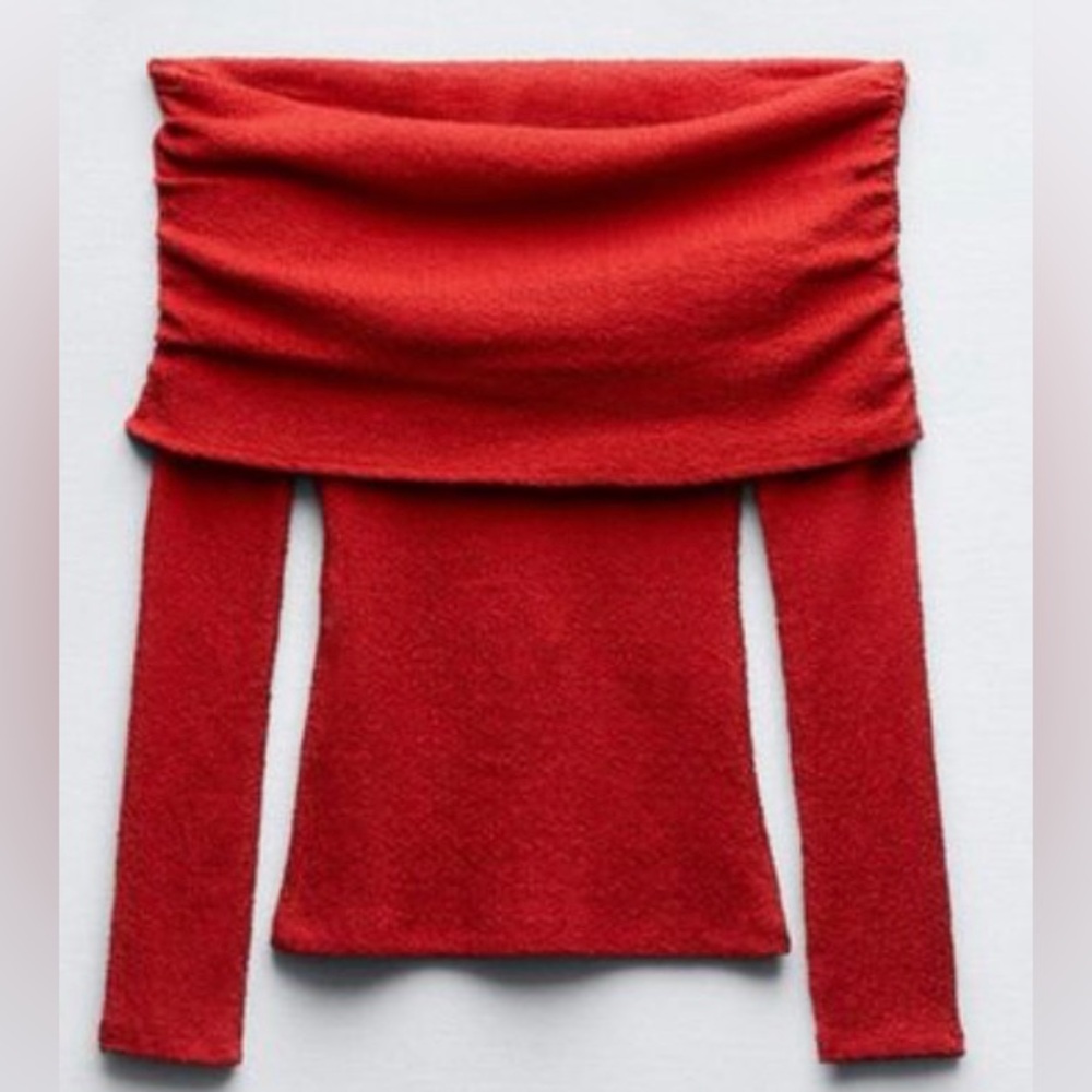 Zara Vibrant Red Off-Shoulder Textured Sweater